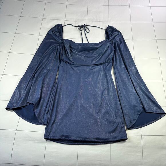 Lucy in the Sky Dress Womens Medium Blue Foil Flare Sleeve Mini Party Drape - Picture 2 of 11